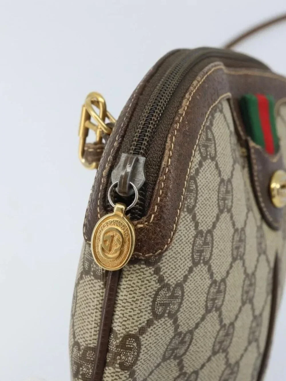GUCCI GG Supreme Web Sherry Line Bag PVC Beige Gold 904 02 047 Auth ka3560